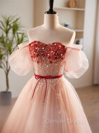 A-Line Sweetheart Neck Sequin Tulle Pink Long Prom Dresses, Pink Formal Dresses