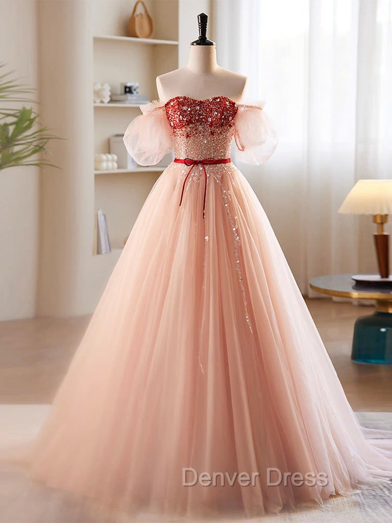 A-Line Sweetheart Neck Sequin Tulle Pink Long Prom Dresses, Pink Formal Dresses