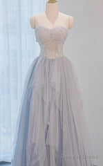 A-Line Sweetheart Neck Sequined Tulle Long Prom Dress Birthday Dress Graduation Prom Dress