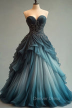 A-Line Sweetheart Neck Tulle Beaded Long Ball Gown Elegant Evening Dresses