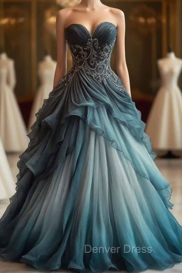 A-Line Sweetheart Neck Tulle Beaded Long Ball Gown Elegant Evening Dresses