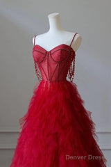 A-Line Sweetheart Neck Tulle Beads Burgundy Long Prom Dress