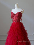 A-Line Sweetheart Neck Tulle Beads Burgundy Long Prom Dresses, Burgundy Evening Dresses