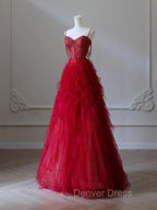 A Line Sweetheart Neck Tulle Beads Burgundy Long Prom Dress, Burgundy Prom Dresses