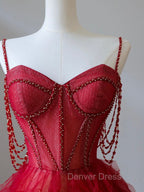 A-Line Sweetheart Neck Tulle Beads Burgundy Long Prom Dresses, Burgundy Evening Dresses