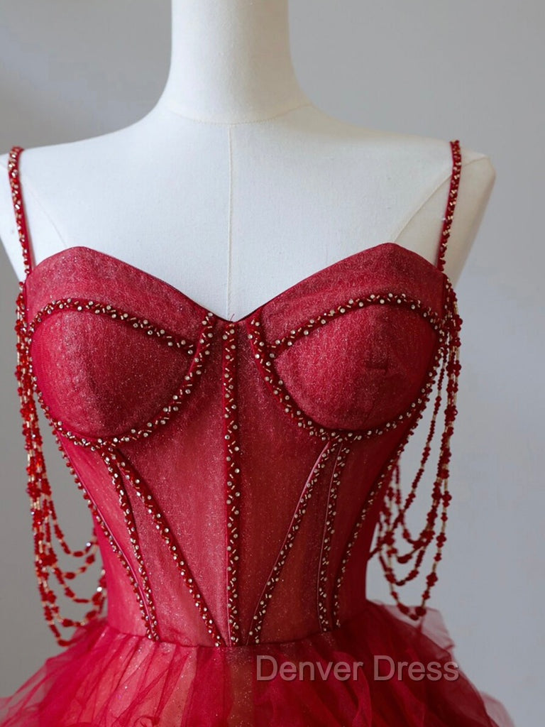 A-Line Sweetheart Neck Tulle Beads Burgundy Long Prom Dresses, Burgundy Evening Dresses