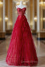 A-Line Sweetheart Neck Tulle Beads Burgundy Long Prom Dresses, Burgundy Evening Dresses