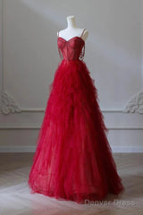 A-Line Sweetheart Neck Tulle Beads Burgundy Long Prom Dress