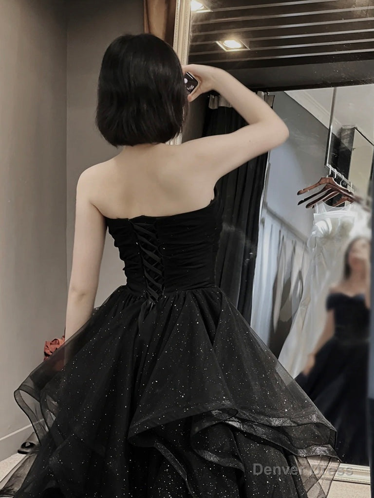 A Line Sweetheart Neck Tulle Black Long Prom Dress, Black Long Prom Dresses