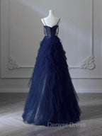 A-Line Sweetheart Neck Tulle Black Long Prom Dresses, Black Long Graduation Dresses with Beads