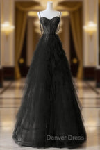 A Line Sweetheart Neck Tulle Black Long Prom Dress, Black Long Graduation Dresses with Beads