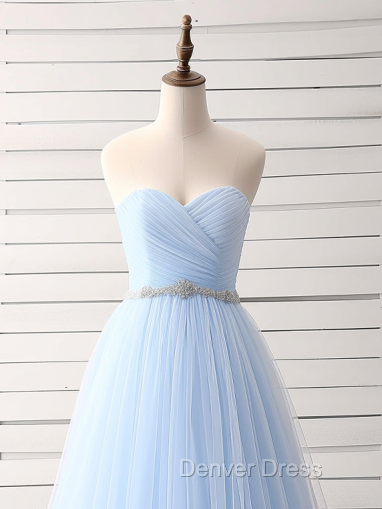 A Line Sweetheart Neck Tulle Blue Long Prom Dress, Blue Long Bridesmaid Dresses Secondary image
