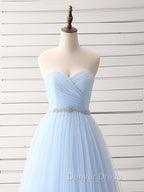 A Line Sweetheart Neck Tulle Blue Long Prom Dress, Blue Long Bridesmaid Dresses