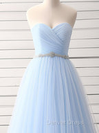A Line Sweetheart Neck Tulle Blue Long Prom Dress, Blue Long Bridesmaid Dresses