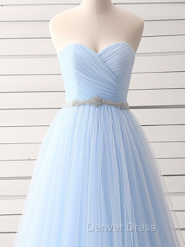 A Line Sweetheart Neck Tulle Blue Long Prom Dress, Blue Long Bridesmaid Dresses