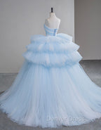 A-Line Sweetheart Neck Tulle Blue Long Prom Dresses, Blue Long Evening Gown