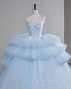 A-Line Sweetheart Neck Tulle Blue Long Prom Dresses, Blue Long Evening Gown