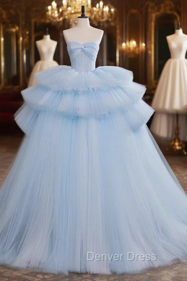 A-Line Sweetheart Neck Tulle Blue Long Prom Dresses, Blue Long Evening Gown Main image