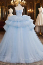 A-Line Sweetheart Neck Tulle Blue Long Prom Dresses, Blue Long Evening Gown