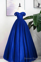A-Line Sweetheart Neck Tulle Blue Long Prom Dress, Blue Long Formal Dress