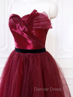 A Line Sweetheart Neck Tulle Burgundy Long Prom Dress, Burgundy Long Prom Dresses
