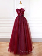 A-Line Sweetheart Neck Tulle Burgundy Long Prom Dresses, Burgundy Long Formal Dresses