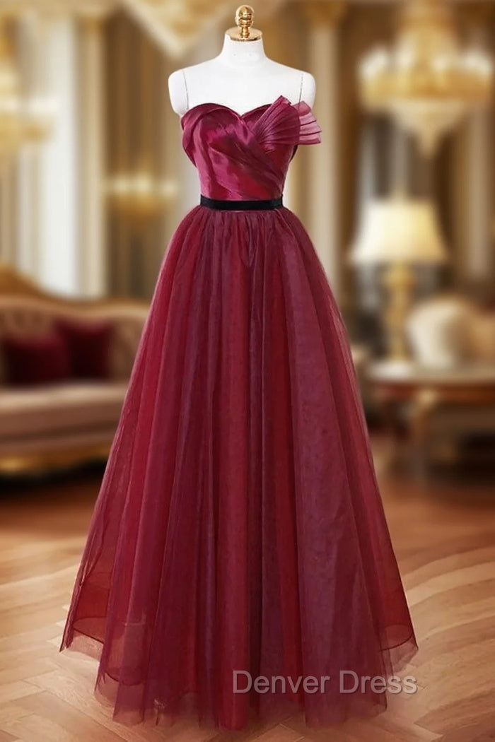 A-Line Sweetheart Neck Tulle Burgundy Long Prom Dresses, Burgundy Long Formal Dresses Main image
