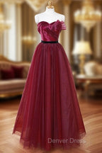 A-Line Sweetheart Neck Tulle Burgundy Long Prom Dresses, Burgundy Long Formal Dresses