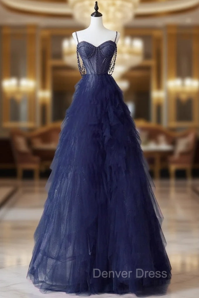 A Line Sweetheart Neck Tulle Dark Blue Long Prom Dress, Dark Blue Long Graduation Dresses with Beads Main image