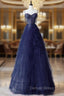 A Line Sweetheart Neck Tulle Dark Blue Long Prom Dress, Dark Blue Long Graduation Dresses with Beads
