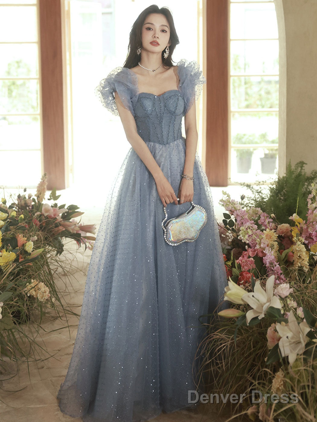 A Line Sweetheart Neck Tulle Gray Blue Long Prom Dress, Gray Blue Prom Dresses Secondary image
