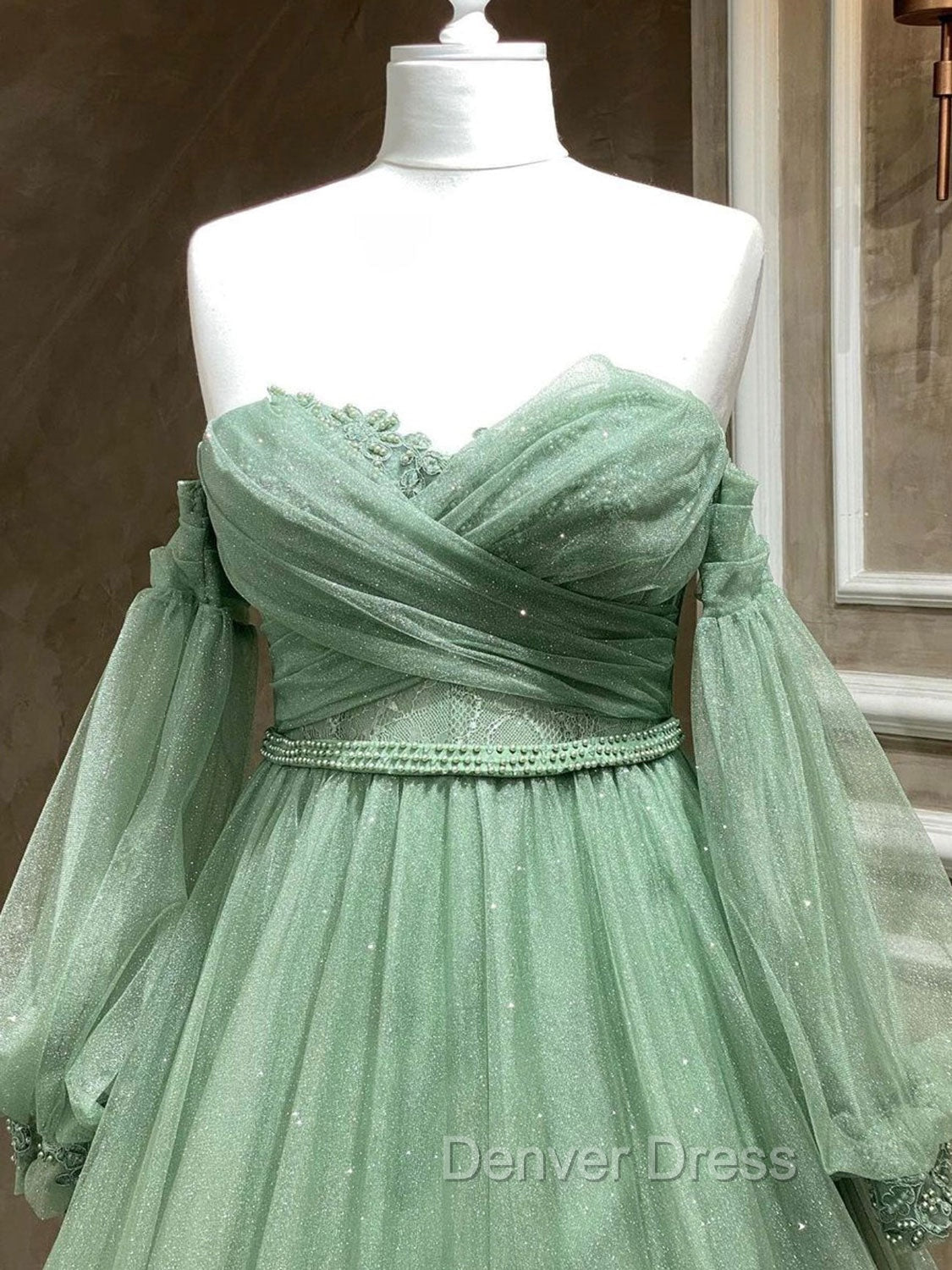 A-Line Sweetheart Neck Tulle Green Long Prom Dresses, Green Formal Evening Dresses Secondary image