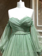 A-Line Sweetheart Neck Tulle Green Long Prom Dresses, Green Formal Evening Dresses