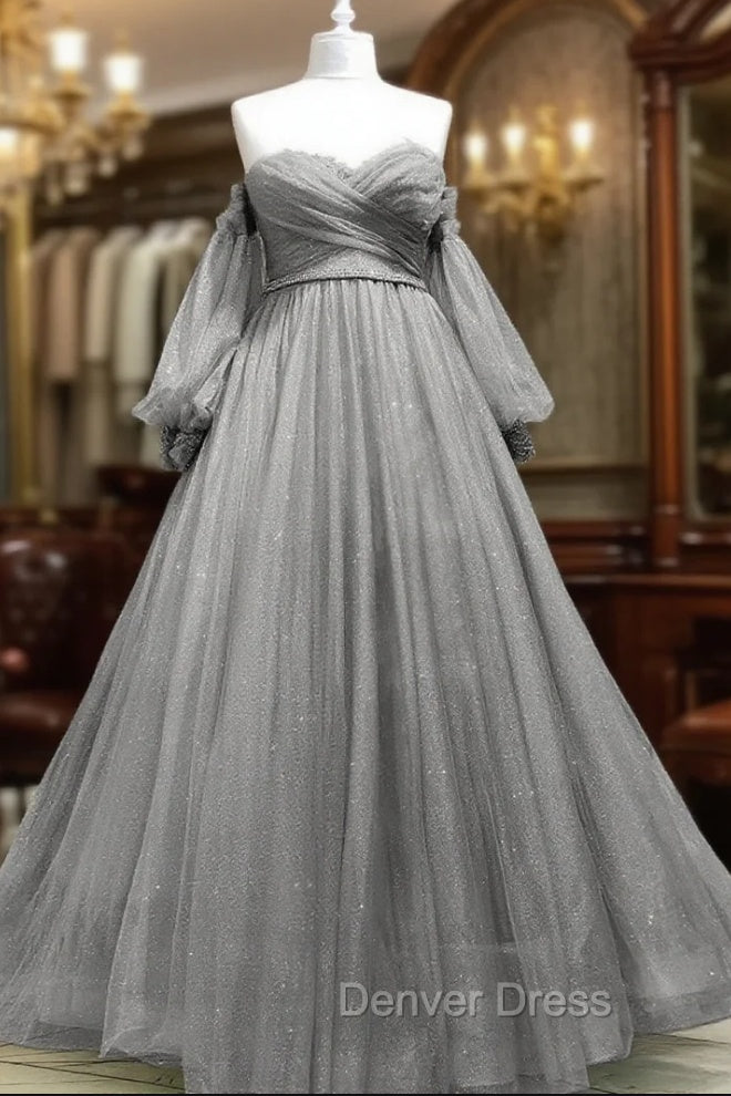 A-Line Sweetheart Neck Tulle Green Long Prom Dresses, Green Formal Evening Dresses