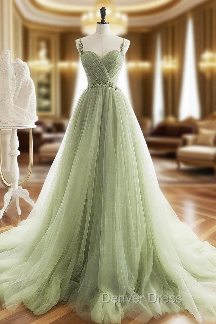 A-Line Sweetheart Neck Tulle Green Long Prom Dresses, Green Long Formal Dresses Main image