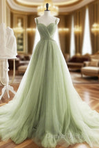 A-Line Sweetheart Neck Tulle Green Long Prom Dresses, Green Long Formal Dresses