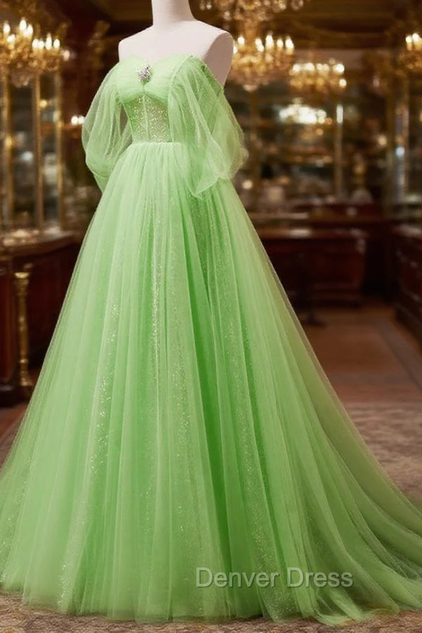 A-Line Sweetheart Neck Tulle Green Long Prom Dresses, Green Tulle Long Evening Dresses
