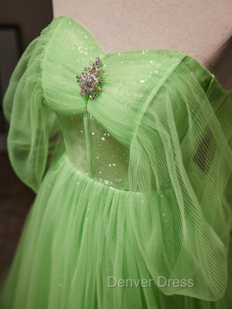 A-Line Sweetheart Neck Tulle Green Long Prom Dresses, Green Tulle Long Evening Dresses