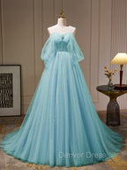 A-Line Sweetheart Neck Tulle Green Long Prom Dresses, Green Tulle Long Evening Dresses