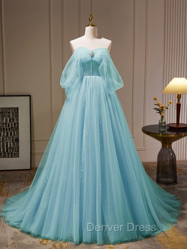 A-Line Sweetheart Neck Tulle Green Long Prom Dresses, Green Tulle Long Evening Dresses