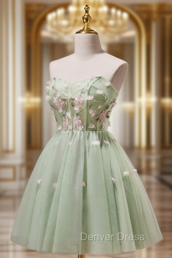 A- Line Sweetheart Neck Tulle Green Short Prom Dresses, Green Homecoming Dresses Main image