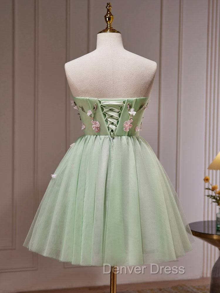 A Line Sweetheart Neck Tulle Green Short Prom Dress, Green Homecoming Dresses