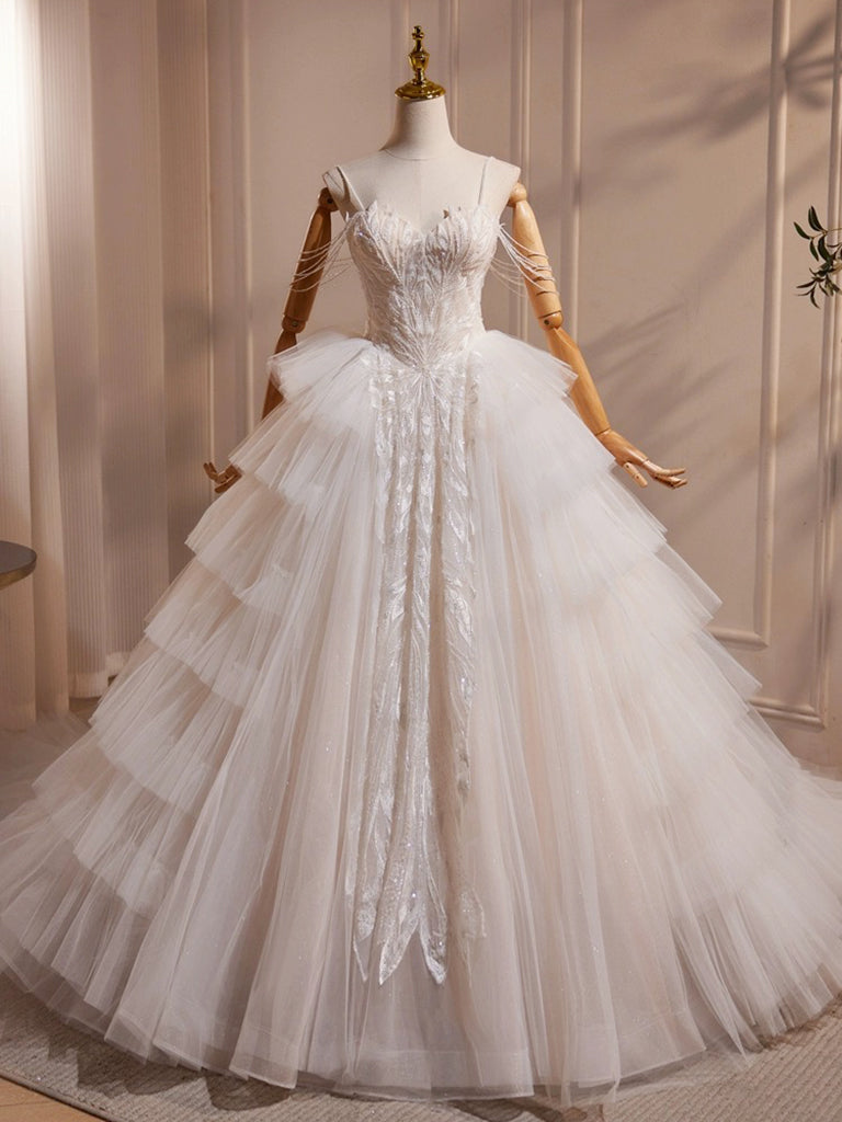 A-Line Sweetheart Neck Tulle Lace Applique Beige Long Prom Dresses With Beads