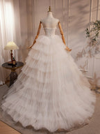 A-Line Sweetheart Neck Tulle Lace Applique Beige Long Prom Dresses With Beads