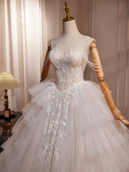 A-Line Sweetheart Neck Tulle Lace Applique Beige Long Prom Dresses With Beads