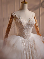 A-Line Sweetheart Neck Tulle Lace Applique Beige Long Prom Dresses With Beads