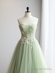 A-Line Sweetheart Neck Tulle Lace Applique Green Long Prom Dress Formal Dress Off Shoulder