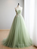 A Line Sweetheart Neck Tulle Lace Applique Green Long Prom Dress Off Shoulder