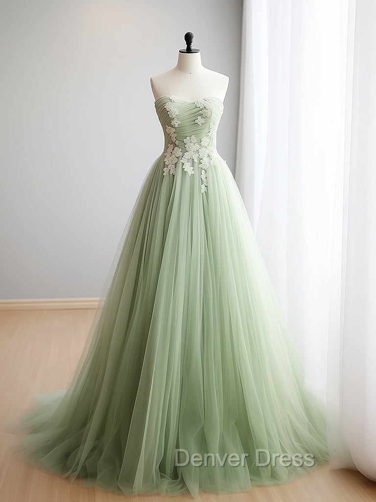 A Line Sweetheart Neck Tulle Lace Applique Green Long Prom Dress Off Shoulder
