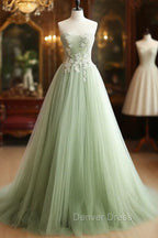 A Line Sweetheart Neck Tulle Lace Applique Green Long Prom Dress Off Shoulder